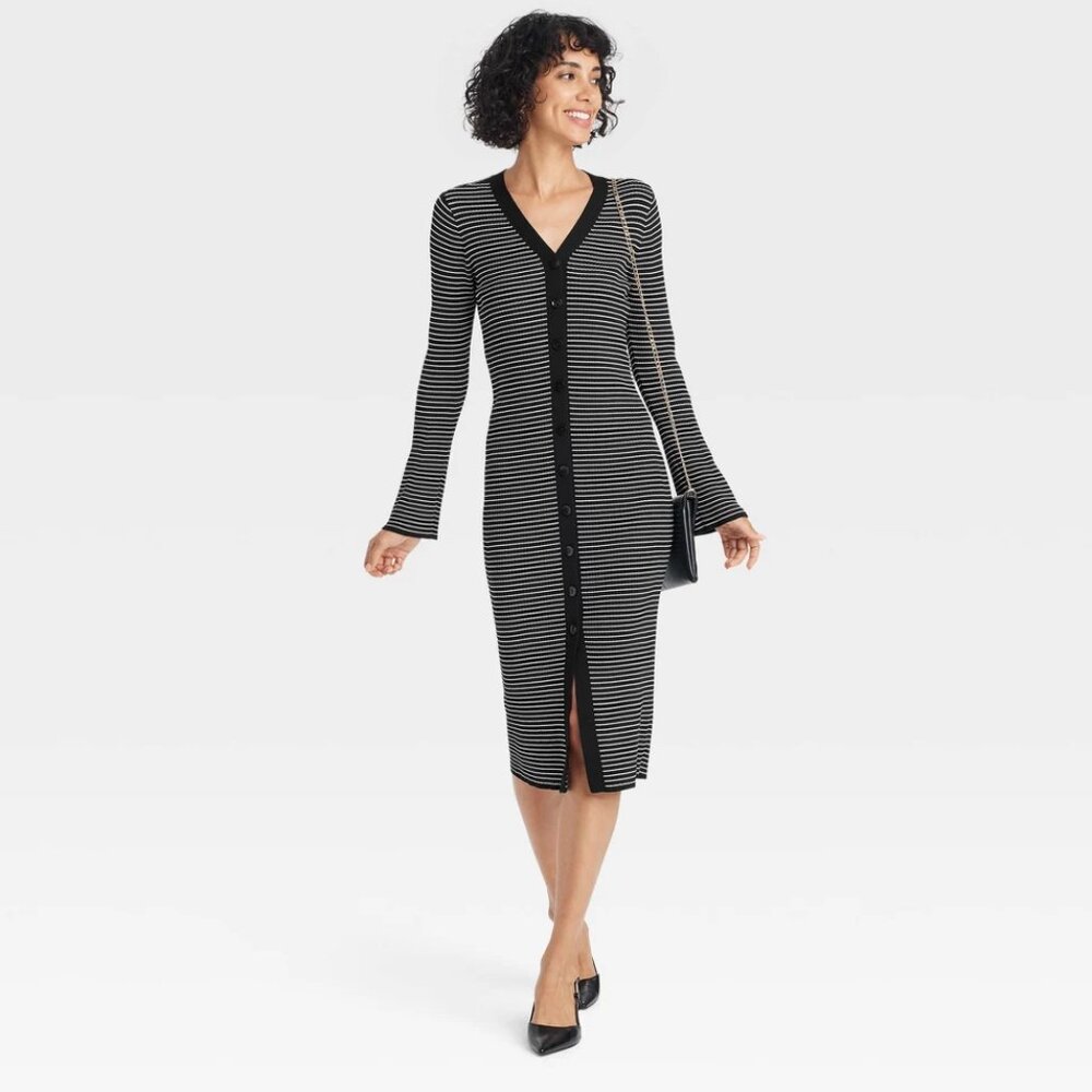 a new day Black Women's Bell Long Sleeve Midi Sweater Dress/NWT/L